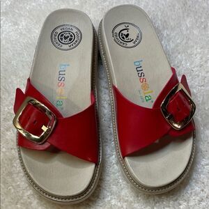 Bussola Red Vegan Slip-On Sandals Buckle Strap Comfort Shoes Women’s Sz 7-7.5